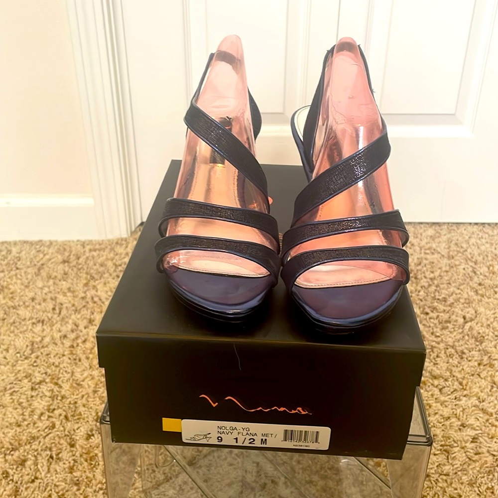 Nina Shoes Navy Embellished Strappy Platform Heels